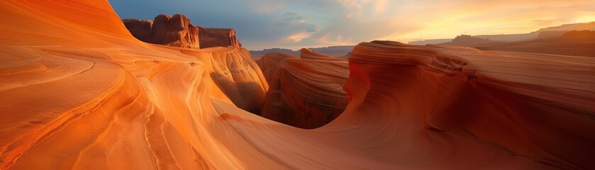 Sunlit rock formations in the Grand Canyon with a dramatic sky at sunrise, showcasing the natural beauty and vastness.