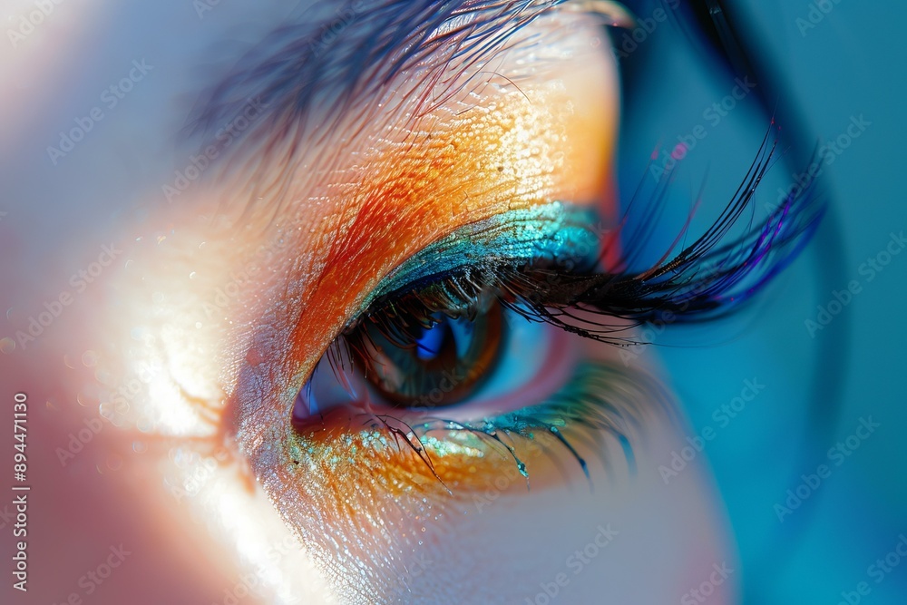 Poster Closeup macro photography of vibrant and colorful eye makeup with detailed eyeshadow and mascara application