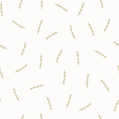 Vector simple seamless pattern with green stems on white background. For wallpapers and decor, invitation card, fabric print or textile, linen, web page background, wrapping paper.