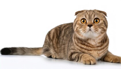 Obraz premium Scottish Fold is a distinctive breed of domestic cat characterised by a natural dominant gene mutation associated with osteochondrodysplasia causing the ears to fold. isolated on white background