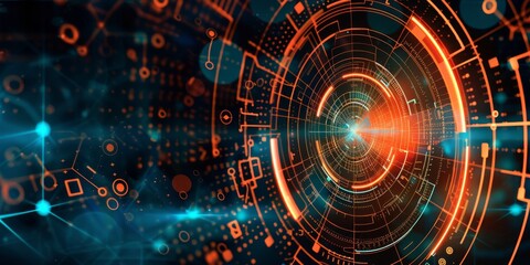 Fototapeta premium Abstract futuristic technology interface with digital circuits, network connections, and glowing elements.