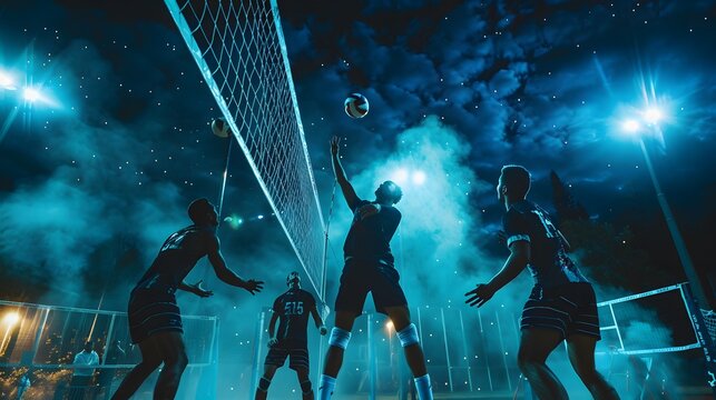 Professional volleyball players in action on the night court. 
