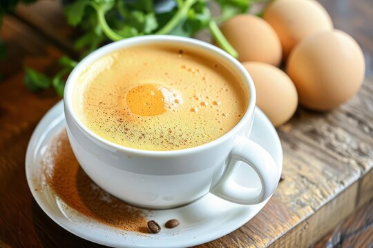 Vietnamese egg coffee in a cup with creamy egg foam, with space for copy text