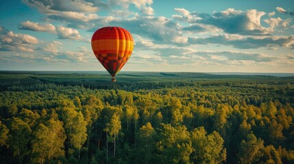 Obraz premium Hot air balloon in the sky above the forest landscape, place for nature travel