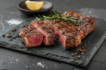 Grilled ribeye steak on a slate board. A delicious and appetizing image perfect for restaurant menus, food blogs, or cookbooks.