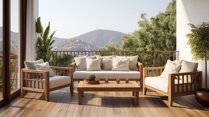 Obraz premium Elegant decorated balcony with rattan outdoor furniture, bright pillows and plants. Interior design terraces