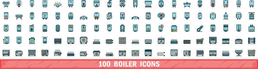 100 boiler icons set. Color line set of boiler vector icons thin line color flat on white