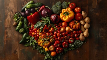 Heart shape made of Fresh variety vegetables on wooden background,World food day concept,top view,spices and herbs frame,Healthy food,banner,vegan or diet nutrition,creative flat layout,copy space.