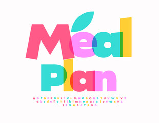 Vector colorful logotype Meal Plan. Bright Creative Font. Decorative Alphabet Letters and Numbers set.