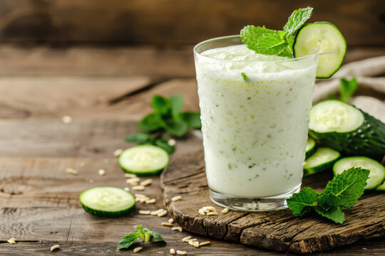Ayran drink with mint and cucumber in glass