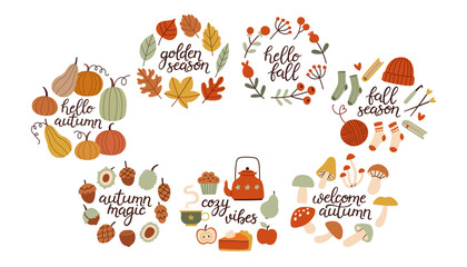 Autumn hand drawn lettering set. Fall season handwritten slogans. Autumn phrases with cute cozy design elements