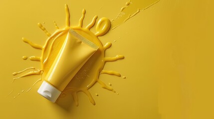 Yellow tubes of sunscreen and Sun shape from white Sun cream on color background,Sunblock lotion bottles,Sun protection on vacation,Top view,Banner vacation summer beach concept.