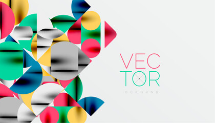 Color beautiful circles, semi circles, squares and round triangles. Geometric mosaic style pattern abstract background for wallpaper, banner, backdrop, card, book Illustration, landing page