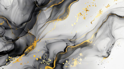 Abstract grey art featuring a background with gold, black, and white hues, adorned with beautiful smudges and stains created using alcohol ink and golden paint. The grey fluid texture resembles marble