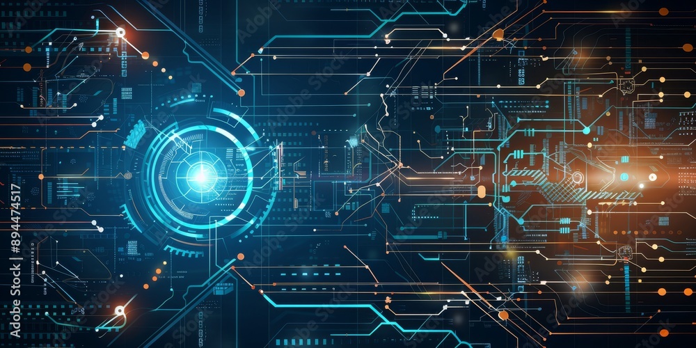 Poster an abstract cyber space with digital circuits, a neural network core, and futuristic tech creating a