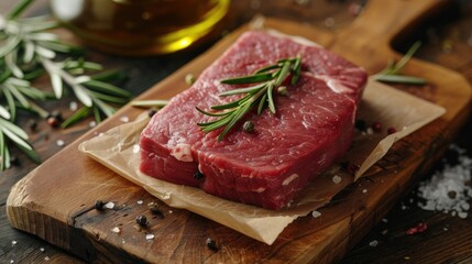 Delicious raw beef steak with aromatic rosemary on a cutting board