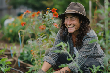 young beautiful woman working in the garden