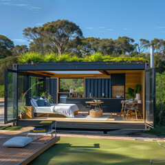 Fototapeta premium a modern modular home constructed from shipping containers, mobile, house, captivating, Shipping Container Tiny Home, steel containers, supreme quality, superior lighting