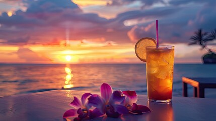 Exotic cocktails on a beachside table with a stunning sunset view