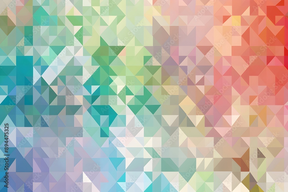 Poster A background of colorful geometric shapes in various shades, creating an abstract and vibrant pattern. The colors range from deep reds to soft greens, with the triangles pointing towards the bottom le