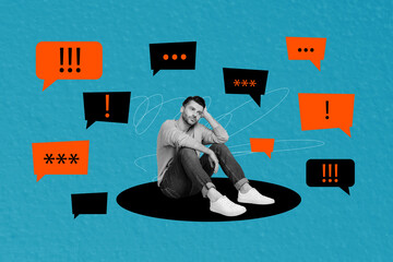 Creative collage picture young upset man anxiety thoughtful overthink textbox message reply attention exclamation mark alert urgent news