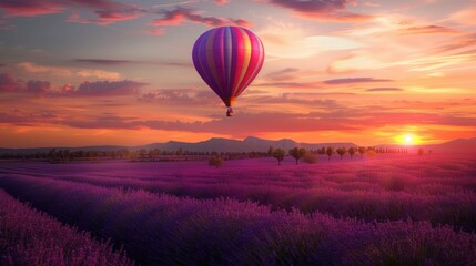 Fototapeta premium Hot air balloon in the sky over a lavender field, place for nature travel