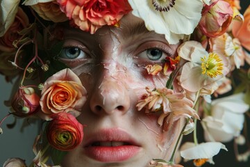 Closeup of a woman's face artistically covered with a variety of fresh, colorful flowers