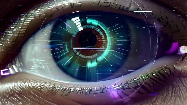 Technology Futuristic Data Stream in Cyberspace Eye Close-up. Modern Science Vision on Innovation. Beautiful Look Holographic Macro AR Simulator in Sight Projection. Online Ai Smart Connect Learning 
