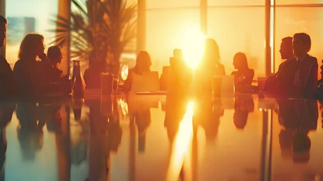 Cozy evening team meeting at a modern office with warm lighting