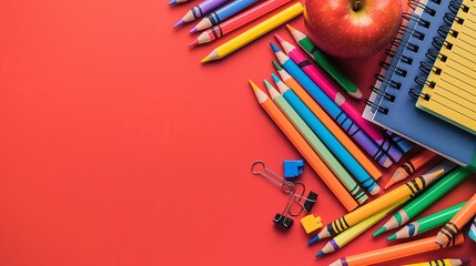 Naklejka premium A colorful arrangement of school supplies like crayons, notebooks, and an apple on a vibrant red background, perfect for a back to school sale banner.