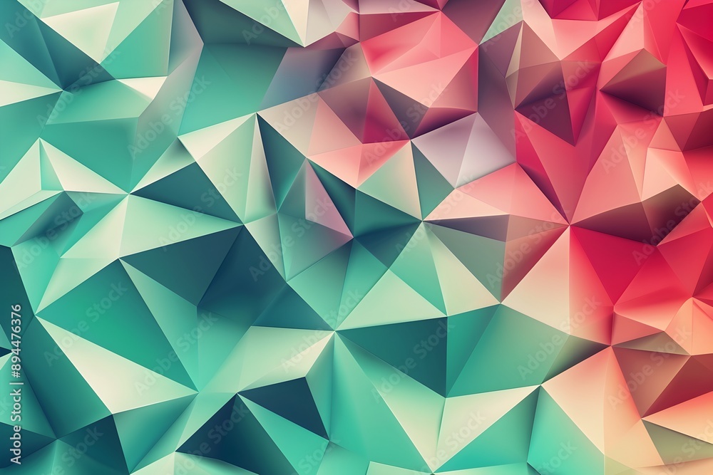 Poster A background of colorful geometric shapes in various shades, creating an abstract and vibrant pattern. The colors range from deep reds to soft greens, with the triangles pointing towards the bottom le