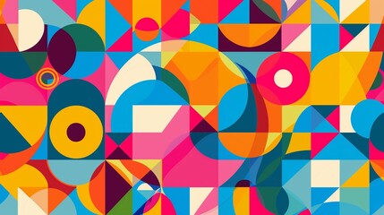 A colorful geometric summer background featuring a pattern of interlocking circles, triangles, and squares in bold and bright colors, creating a fun and engaging design for banners.