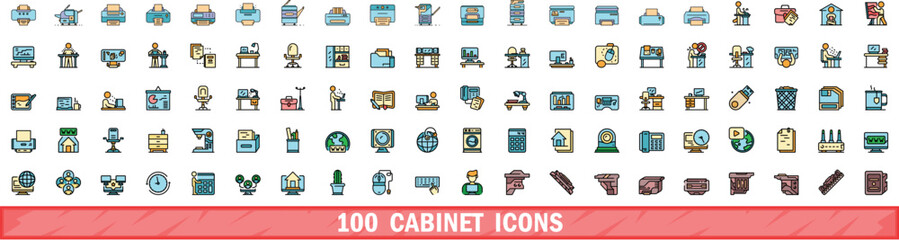 100 cabinet icons set. Color line set of cabinet vector icons thin line color flat on white