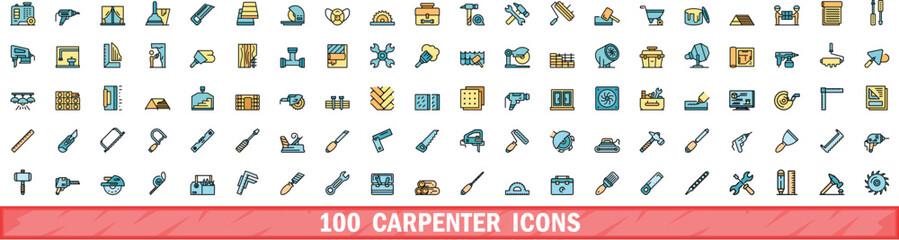 100 carpenter icons set. Color line set of carpenter vector icons thin line color flat on white