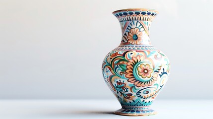 A beautifully ceramic vase with a hand-painted floral design standing on a white surface The vibrant colors and intricate patterns of the vase are highlighted by the simple background