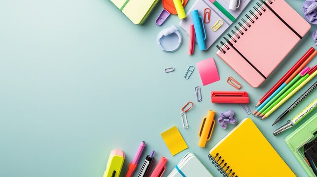 A creative and fun background with a collection of school supplies including notebooks, highlighters, and sticky notes on a light blue background, with space for sale text.