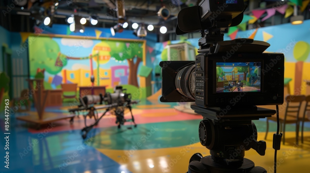 Poster A pro camera on a tripod on a colorful set with cartoon scenery. Screen shows vibrant animated scene for children's TV program filming