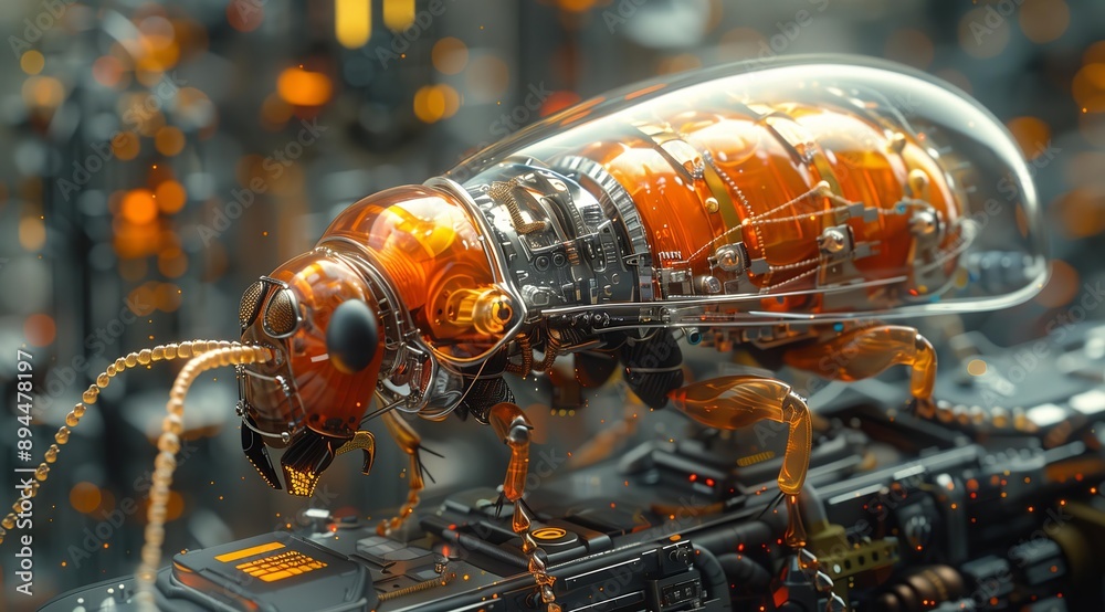 Poster a futuristic, highly detailed 3d rendering of a cyborg insect. the insect is composed of intricate g