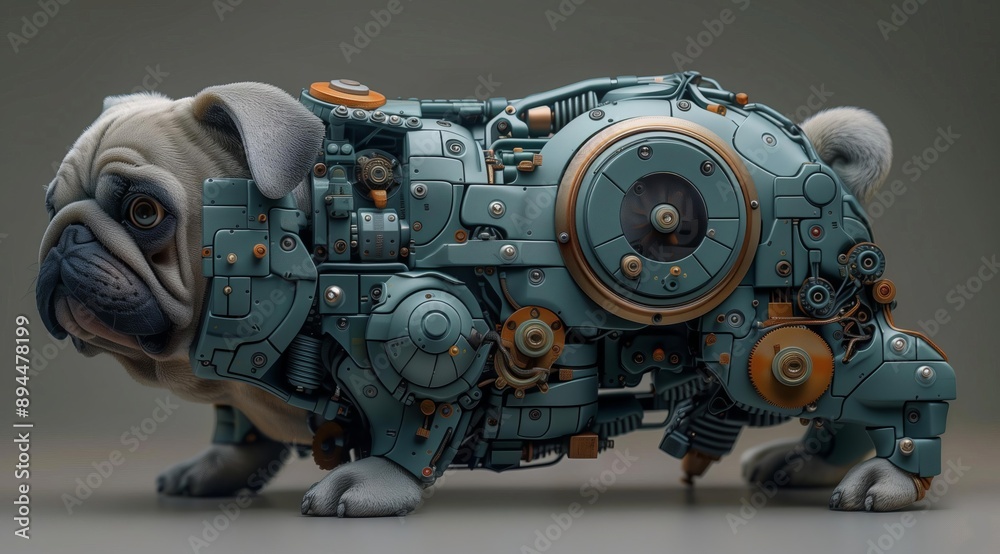 Leinwandbilder a 3d illustration of a pug with a robotic body. the pug's face is a realistic depiction of a dog, wh