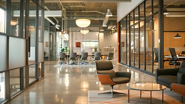 Modern office interior with glass walls and comfortable, stylish furniture.