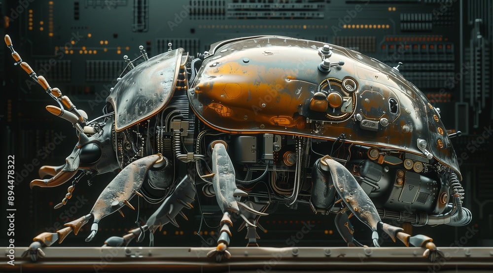 Poster A detailed 3D rendering of a steampunk beetle, rendered in a futuristic cyberpunk setting. The beetle's metallic exoskeleton is covered in intricate details and gears, showcasing a blend of technolo