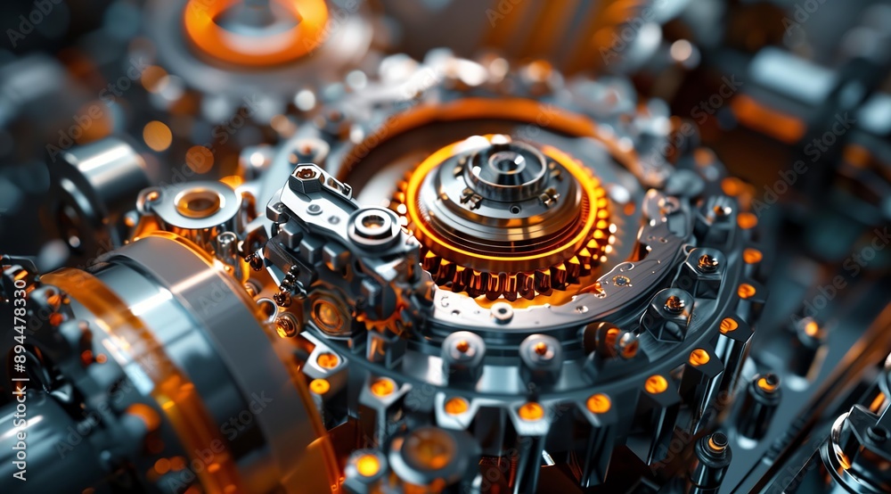 Poster This image features a close-up view of a complex mechanical system, showcasing intricate gears and intricate details. The gears are highlighted with glowing orange accents, creating a dynamic and vi