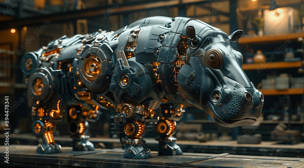 Poster a 3d rendering of a mechanical hippopotamus, constructed from intricate gears, metal plates, and glo