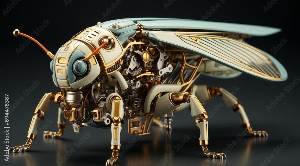 Poster this 3d rendered image showcases a intricately detailed steampunk insect robot, crafted from polishe