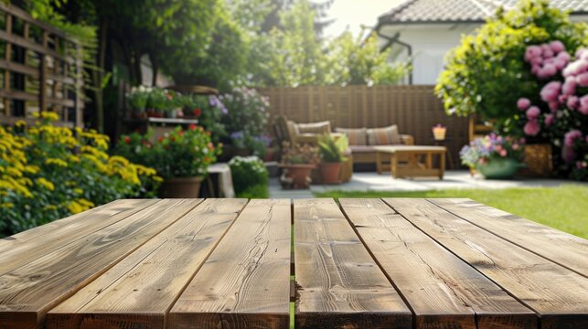 Outdoor wood table with blurred backyard background for ad template