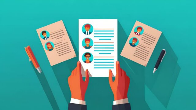Hands holding a resume with scattered candidate profiles, symbolizing candidates competition for a job. Animated illustration.