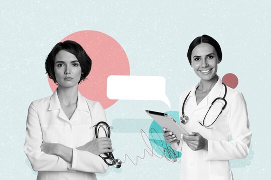 Composite artwork sketch collage of chatting cloud sms speech message silhouette young woman nurse doctor epad treatment consultation