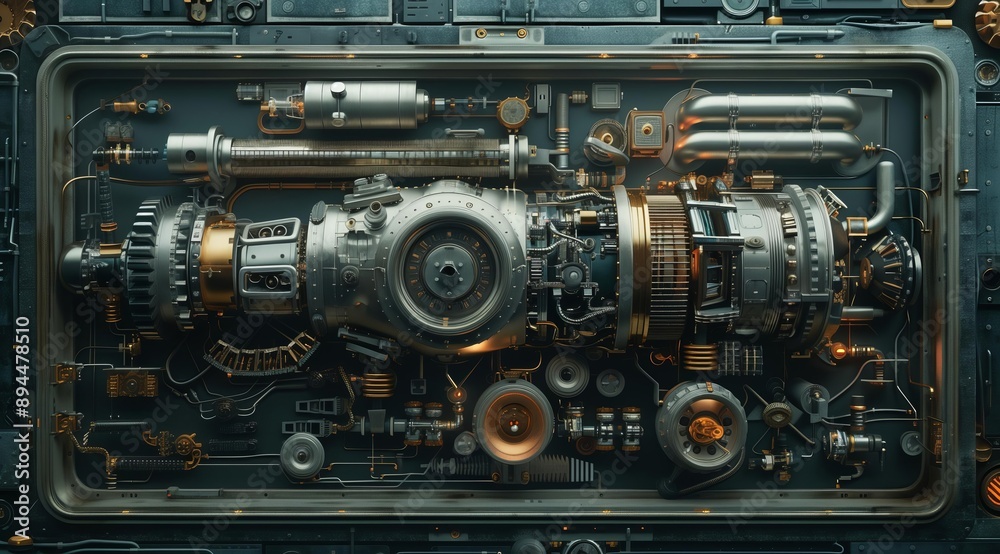 Poster a futuristic, sleek, and intricate machine engine with complex gears, pipes, and wires, rendered in 