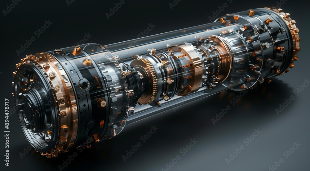 Poster a 3d illustration of a transparent cylinder with a complex gear system inside. the gears are made of
