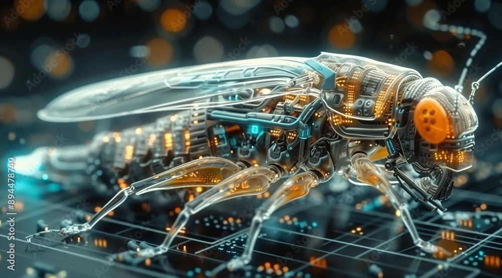 Poster a futuristic and abstract image depicting a cyborg insect, with mechanical and biological elements, 